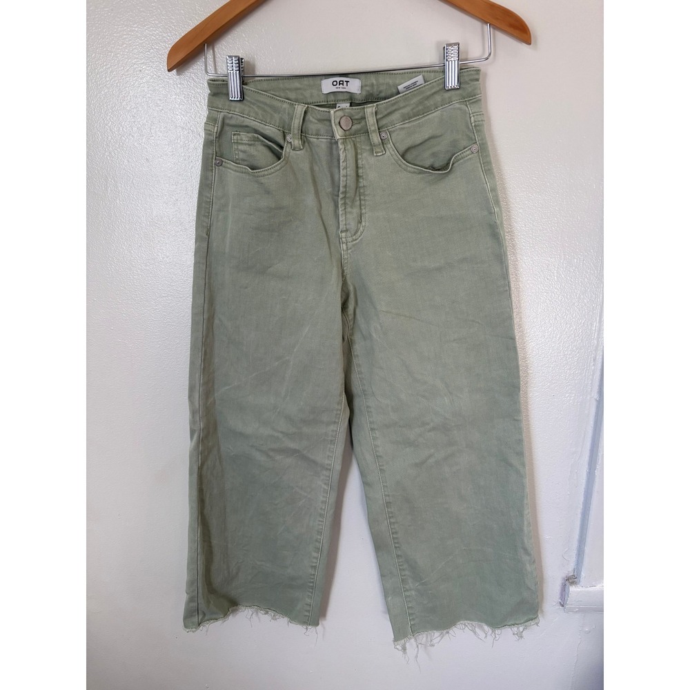 OAT NEW YORK Wide Leg Crop Jeans Light Green Distressed Raw Hem‎ Sz 0 25 Spring